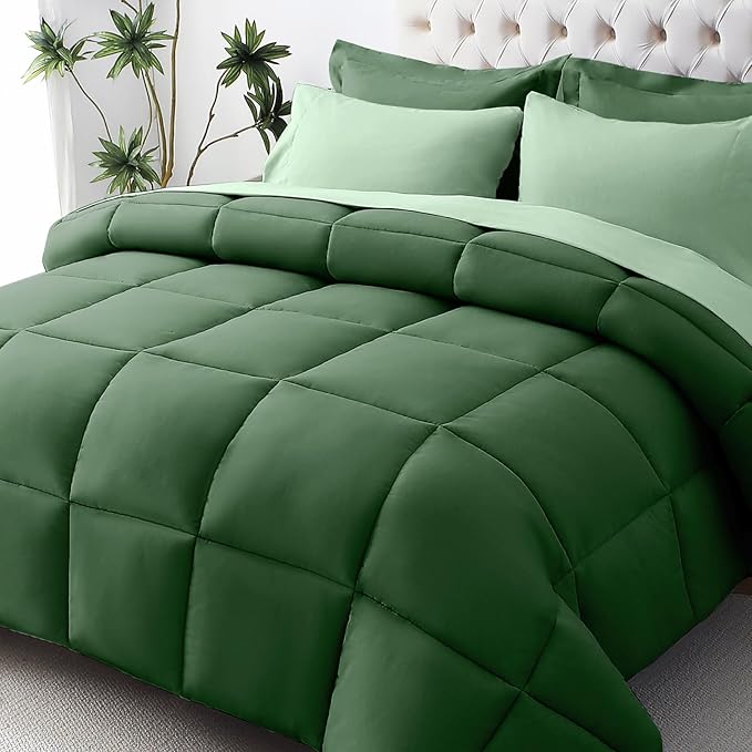 JOLLYVOGUE Queen Comforter Set, Ultra-Soft Bed in a Bag Queen Size 7 Pieces, Oeko-TEX Certified Bedding Set with Down Alternative Comforter, Sheets, Pillowcases & Shams, Dark Green & Light Green