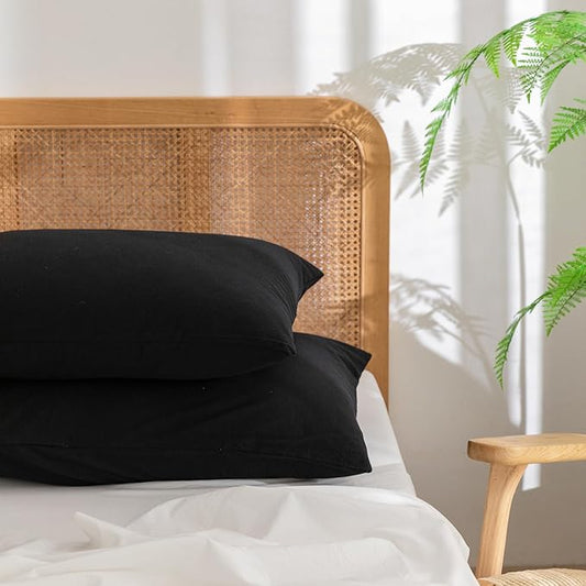 BESTOUCH 100% Washed Cotton Pillowcase for Hair and Skin Linen Feel Soft Comfortable Breathable 2 Set Pillow Case with Envelope Closure Solid Deep Dark Black Queen 20x30 Inches