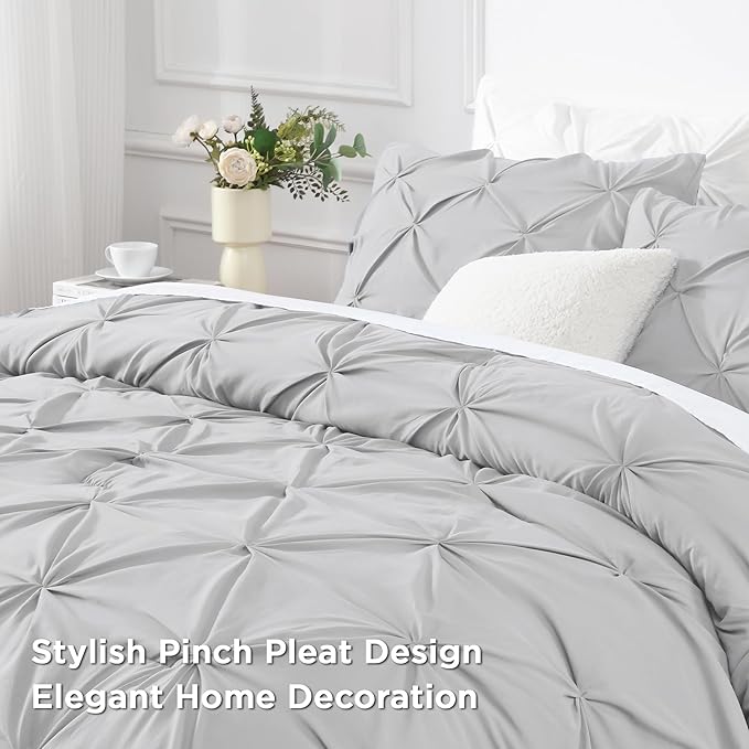 Andency Light Grey Oversized King Comforter Set (120x98Inch), 3 Pieces Pinch Pleat Cal King Bedding Comforters & Sets, Oversized Pintuck Soft Fluffy Down Alternative Bed Set for All Season