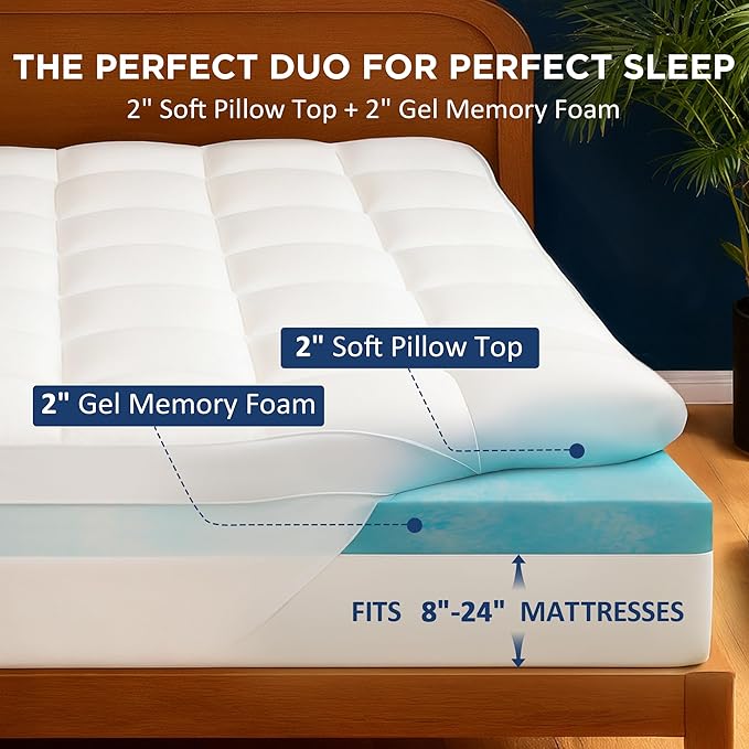 California King Dual Layer 4 Inch Memory Foam Mattress Topper, 2 Inch Cooling Gel Memory Foam and 2 Inch Down Alternative Pillow Top, 8-24 Inch Deep Pocket, Medium Support for Back Pain