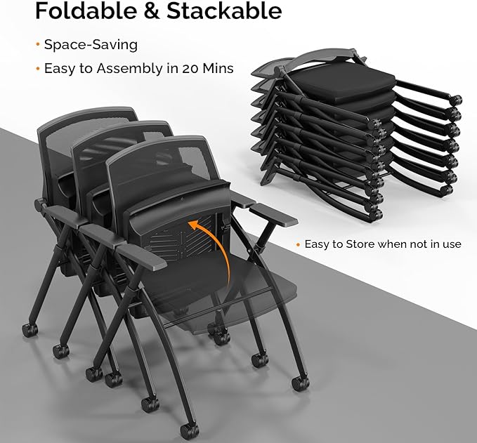 VINGLI 8 Pack Stackable Conference Room Chairs with Wheels, Folding Office Chair with Rebound Back, Padded Seat for Training Room, Guest, Reception, Event, Capacity 350lbs, Black