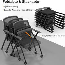 VINGLI 10 Pack Stackable Conference Room Chairs with Wheels, Folding Office Chair with Rebound Back, Padded Seat for Training Room, Guest, Reception, Event, Capacity 350lbs, Black