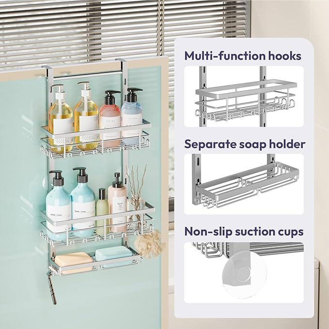 SWTYMIKI Over The Door Shower Caddy - 3 Tier Rustproof Hanging Shower Organizer with Adjustable Shelves, 28 Hooks & Soap Holder, Hanging Shower Rack Storage for Bathroom Accessories, Silver