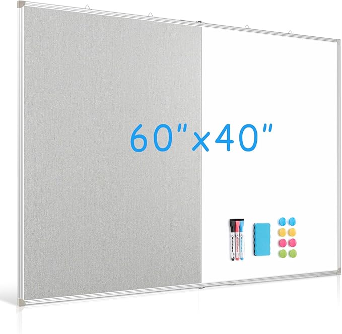 DOLLAR BOSS Foldable Linen Cork Board White Board Combo 60 x 40 in Extra Large Magnetic Whiteboard Dry Erase Bulletin Board Portable Double Sided Aluminum Frame Pin Board for School Office, Grey