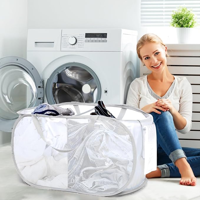 Durable Collapsible Foldable Mesh Pop Up Laundry Basket, 2 Compartments Easy to Carry & Sort Clothes Hampers for Home, Dorm, Travel White