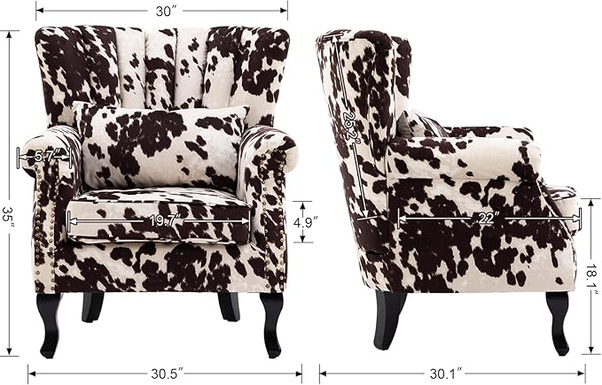 Cow Print Accent Chair Modern Velvet Armchair Tufted Wingback Club Chair Single Sofa Lounge Side Chair with Pillow for Living Room Bedroom, Cow