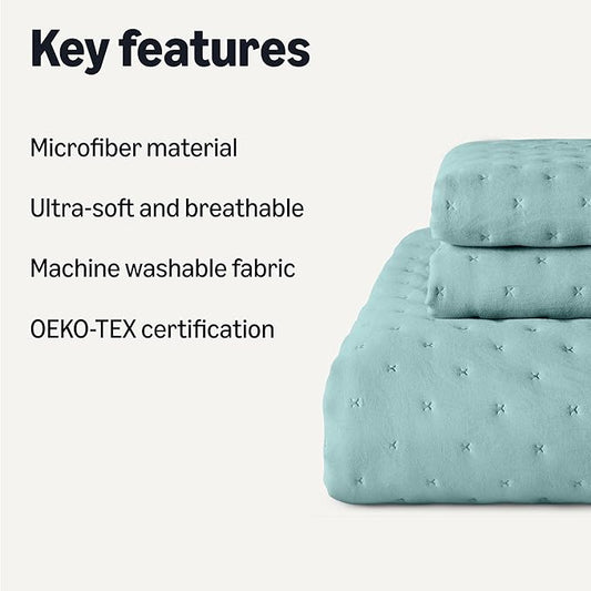 Amazon Basics Brushed Microfiber Quilt Set, Extra Soft with Natural Texture, 3-Piece,Queen/Full, Blue