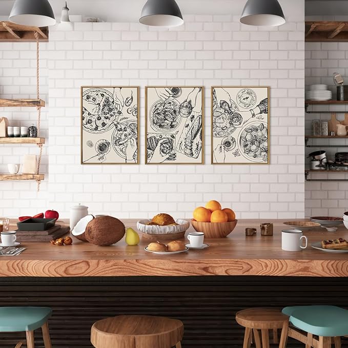 BINCUE Food Wood Wall Art Modern Cheers Kitchen Wall Decor Abstract Friends Party Artwork for Kitchen Dining Room Living Room 12" Lx16 W Set of 3