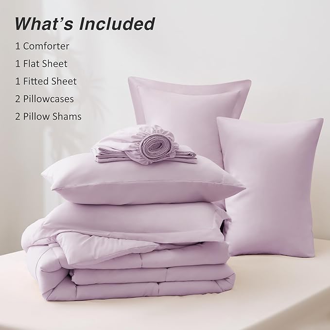 Love's cabin California King Comforter Set Light Purple, 7 Pieces California King Bed in a Bag, All Season Bedding Sets with 1 Comforter, 1 Flat Sheet, 1 Fitted Sheet, 2 Pillowcase and 2 Pillow Sham