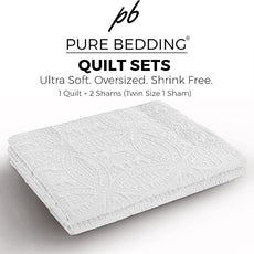 Pure Bedding Quilt Set Full/Queen Size White - Oversized Bedspread - Soft Microfiber Lightweight Coverlet for All Season - 3 Piece Includes 1 Quilt and 2 Shams, Geometric Pattern