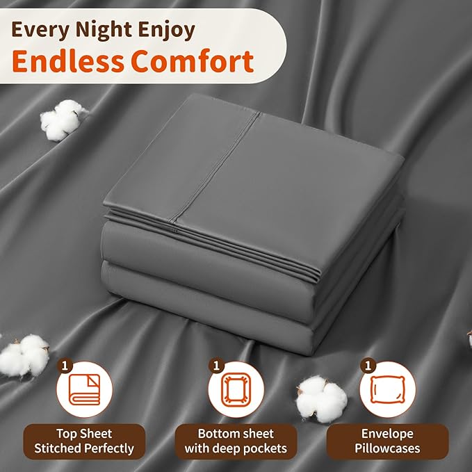LBRO2M 1000 Thread Count 100% Egyptian Cotton Sheets Set Twin, 3 Piece Sets Bed Sheet Deep Pocket Sheet Set 16" Soft Comfortable All Season (Twin, Dark Grey) LBRO2MBedding