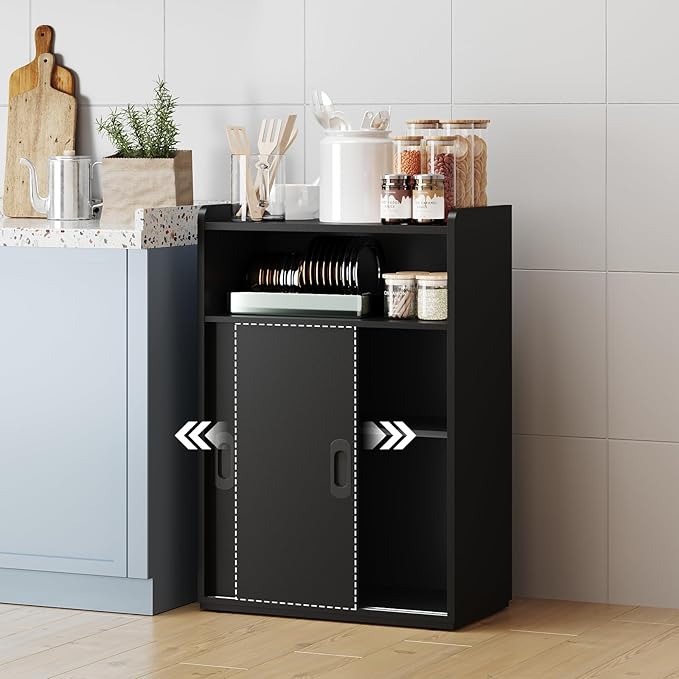 Adjustable Storage Cabinet with Sliding Doors, Multi-Functional Organizer with 2-Tier Shelves (Black)