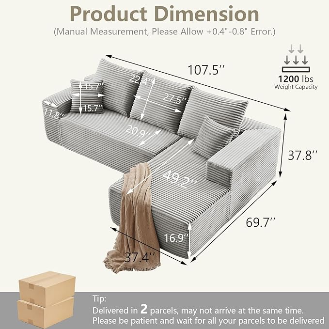 107" Cloud Sectional Couch with L-Shape Chaise, Modern Modular Comfy Sofa Chaise Longue, Upholstered Corduroy Couches Sleeper with Deep Seat for Living Room Bedroom, No Assembly Required, Grey