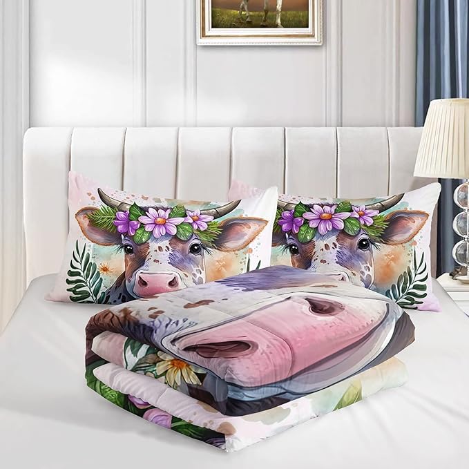 CVHOUSE Kawaii Cow Comforter Set Twin Size,Cute Pink Cow Bedding Set for Girls Kids,Kawaii Cow Quilt Set Pink Cow Duvet Set Girl's Bedroom Decor 3 Pieces