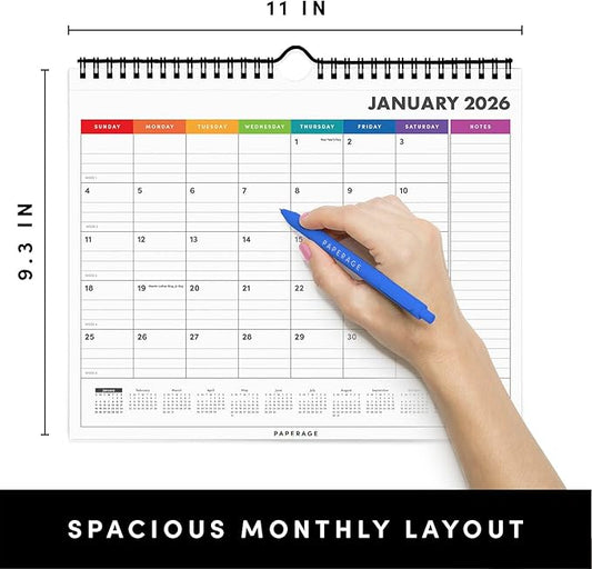 PAPERAGE 2026 Calendar, 12 Months (January 2026 - December 2026), Small (9 in x 11 in), Minimalist Wall and Desk Calendar with Monthly Views, Yearly Plans & Notes Section – Rainbow