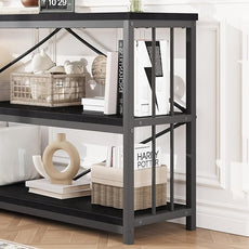 HSH Black Low Bookshelf, Wood Metal 3 Tier Long Horizontal Bookcase for Bedroom, Large Open Etagere Bookshelves with Storage for Home, Wide Under Window Book Shelf for Office Living Room, 70 Inch