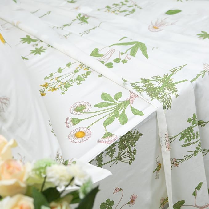 FADFAY 100% Cotton Bed Sheet Set 4-Piece Green Floral Sheet Set 1 Flat Sheet,1 Fitted Sheet and 2 Pillow Cases, Soft Comfortable Bedding Set - Twin Extra Long (Twin XL)