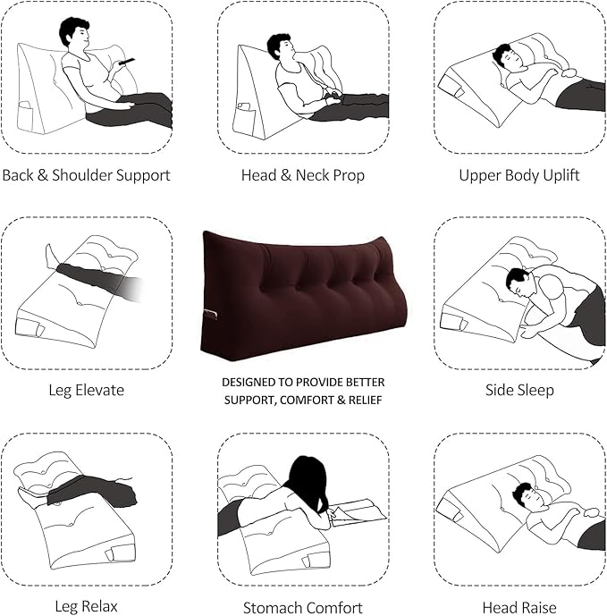 Headboard Wedge Pillow Large Bolster Reading Pillows for Sitting in Bed Adult,Velvet Triangular Cushion Backrest Lumbar Back Support Upholstered Daybed Sit Up Book Pillows(Dark Burgundy,Queen)