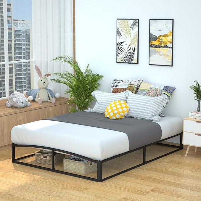 Amazon Basics Metal Platform Bed Frame with Wood Slat Support, 10 Inches High, Queen, Black