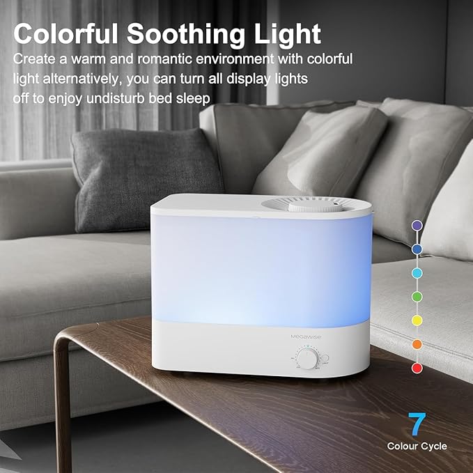 MEGAWISE 2025 Humidifier, 6L Large Capacity, 50H Runtime, Enjoy ultra-quiet, cool mist for your bedroom, nursery, or indoor plants. Top-fill design for effortless convenience (White)