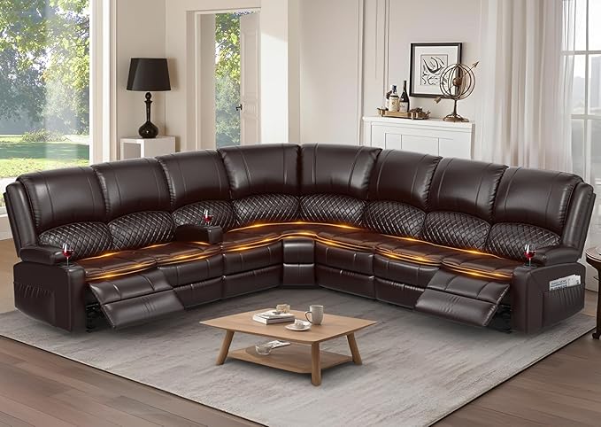 Manual Reclining Sectional Sofa Set, 7 Seats Soft Leather Recliner Corner Sectional Couch, Family-Sized L-Shaped Recliner Couch with USB Charging, Thickened Padding, Sturdy Frame, Brown