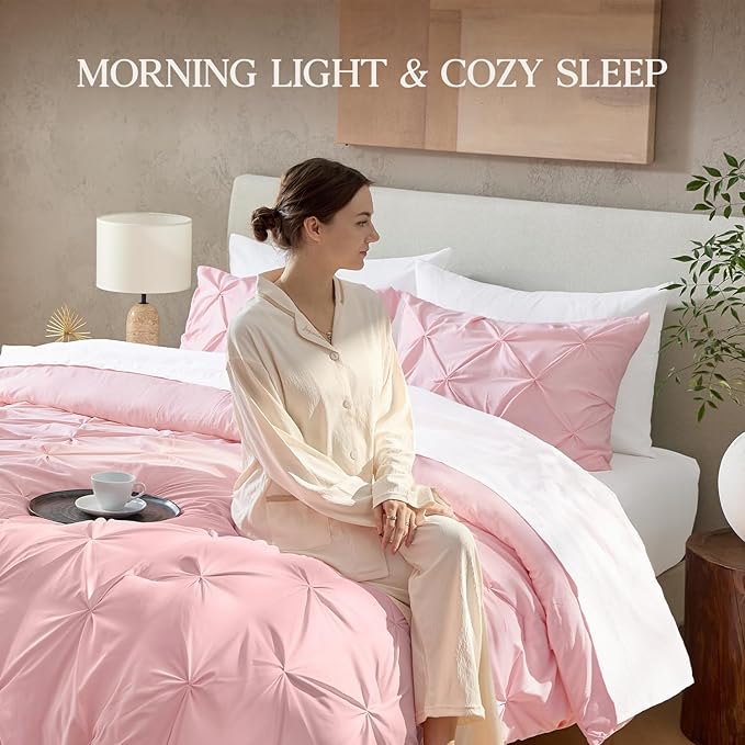 Andency Pink Twin Size Comforter Set (66x90Inch), 2 Pieces Soft Lightweight Cute Pinch Pleat Comforter Set for Kids Girls Teens, All Season Western Warm Down Alternative Bed Set for Dorm Bedroom