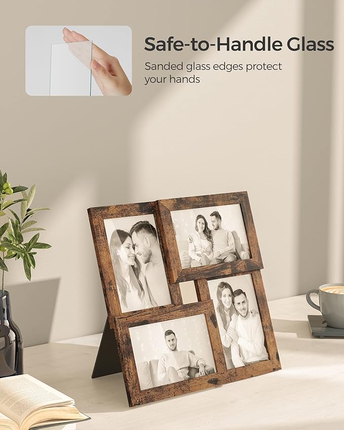 SONGMICS Collage Picture Frames, 4x6 for Wall Decor Set of 4, Multi Family Photo for Gallery Decor, Hanging Display, Christmas Gift, Rustic Brown URPF025X01