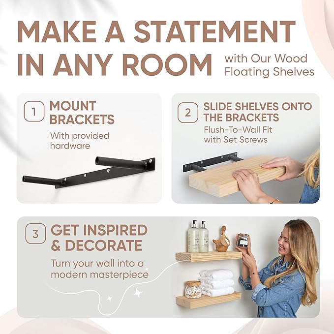 Homeforia Wood Floating Shelf 16 inch, High End Solid Natural Wood 16inch Floating Shelves for Wall Mounted, Unfinished Wooden Small Floating Shelves, Heavy Duty Bracket, 16 X 6.5 X 1.75 in, Set of 3