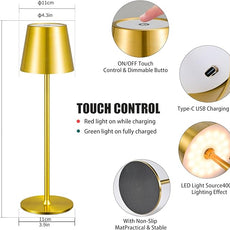 2 Pack Cordless Table Lamp,Portable LED Desk Lamp, 6000mAh Battery Operated, 3 Color Stepless Dimming Up, for Restaurant/Bedroom/Bars/Outdoor Party/Camping/Coffee Shop Night Light(Gold)