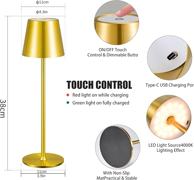 2 Pack Cordless Table Lamp,Portable LED Desk Lamp, 6000mAh Battery Operated, 3 Color Stepless Dimming Up, for Restaurant/Bedroom/Bars/Outdoor Party/Camping/Coffee Shop Night Light(Gold)