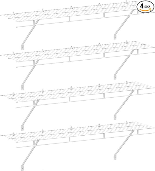 HAUSHOF Closet Shelves Wall Mounted 4-Pack, 4 ft x 12in White Wire Shelving for Laundry Room, Closet, Basement Organization and Storage