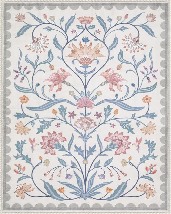 Lahome Boho Floral Washable 8 x 10 Area Rugs for Living Room, Grey/Beige Non Slip Rugs for Bedroom, Ultra-Thin Indoor Throw Dining Room Carpet for Under Table Home Office Playroom(Grey/Beige,8x10)