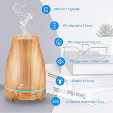 Diffuserlove Essential Oil Diffusers 200ML Diffuser Remote Control Aromatherapy Diffuser with 7 Color Lights, Auto Shut-Off for Bedroom Office Kitchen (Yellow Wood Grain)
