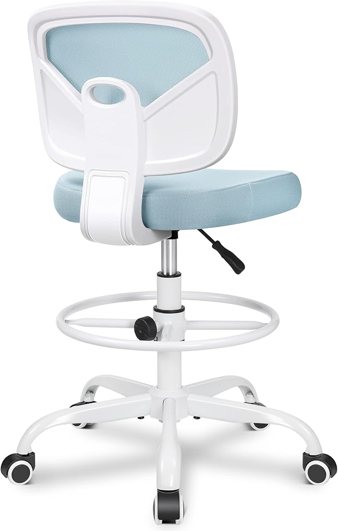 Primy Tall Drafting Desk Chair - Armless, Adjustable Height, Mesh Back, Rolling, Standing Desk Chair for Art Room, Office or Home (Light Blue)