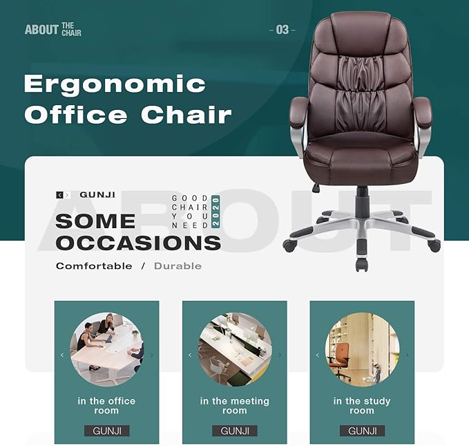 GUNJI Office Chair PU Leather High Back Executive Chair Ergonomic Computer Chair, Modern Adjustable Home Desk Chair Swivel Managerial Chair with Padded Armrests and Lumbar Support (Brown)