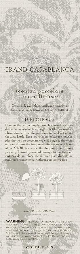 Zodax Grand Casablanca Reed Diffuser - Home Fragrance Oil Diffuser Ideal for Living Room, Bathroom, Office - Porcelain Flower Design - Gift Box Packaging Included - White Rose - 1.69 Oz.