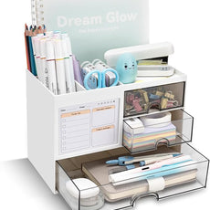 Desk Organizer with 3 Drawer, Multi-Functional Pencil Pen Holder for Desk, Desk Organizers and Storage with 8 Compartments, Desktop Organizer for Office Home Art Supplies (White)