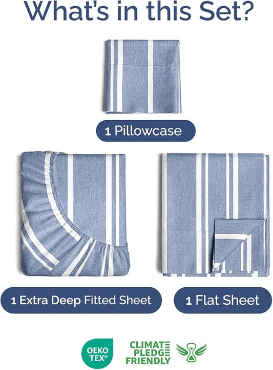 Extra Deep Pocket Twin Sheets - 3 Piece Breathable & Cooling Bed Sheets - Hotel Luxury Bed Sheet Set - Soft, Wrinkle Free & Comfy - Easily Fits Extra Deep Mattresses - Deep Pocket Blue Striped Sheets