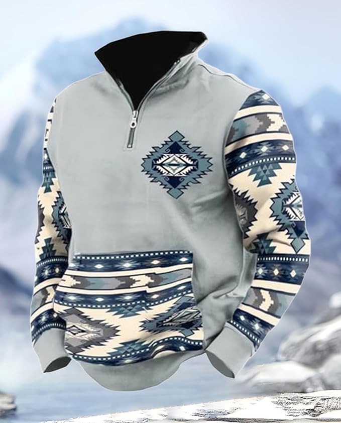 Western Sweatshirts for Men Aztec Cowboy Vintage Graphic Fleece Hoodie Mens Quarter Zip Pullover Country Jacket