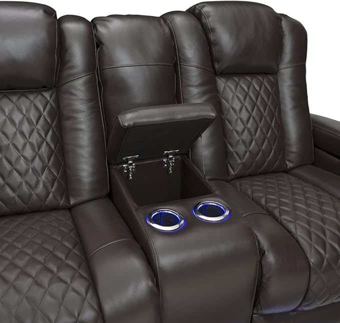 Seatcraft Anthem Home Theater Seating - Italian Leather - Power Recline Loveseat - Center Storage Console - Powered Headrests - Arm Storage - USB Charging - Cup Holders, Brown