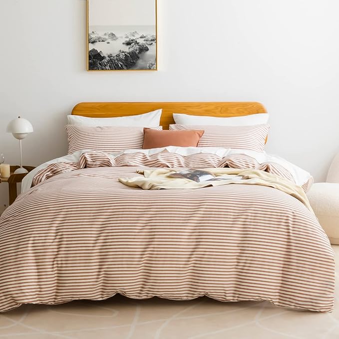 JELLYMONI 100% Natural Cotton 3pcs Striped Duvet Cover Sets,White Duvet Cover with Pink Stripes Pattern Printed Comforter Cover,with Zipper Closure & Corner Ties(King Size)