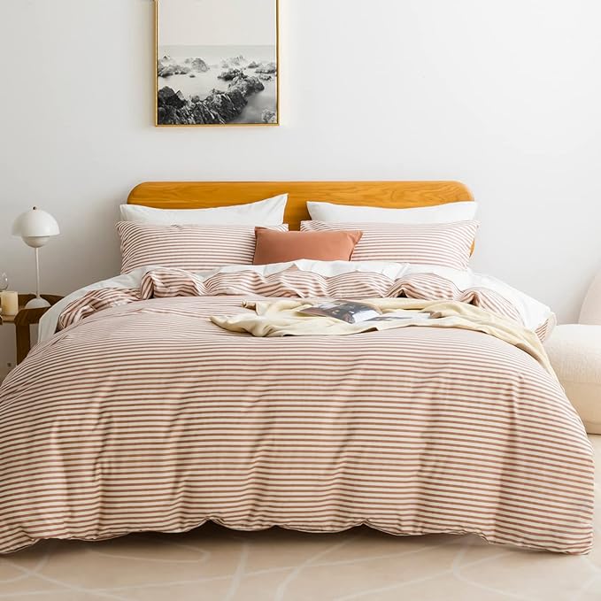 JELLYMONI 100% Natural Cotton 3pcs Striped Duvet Cover Sets,White Duvet Cover with Pink Stripes Pattern Printed Comforter Cover,with Zipper Closure & Corner Ties(Queen Size)