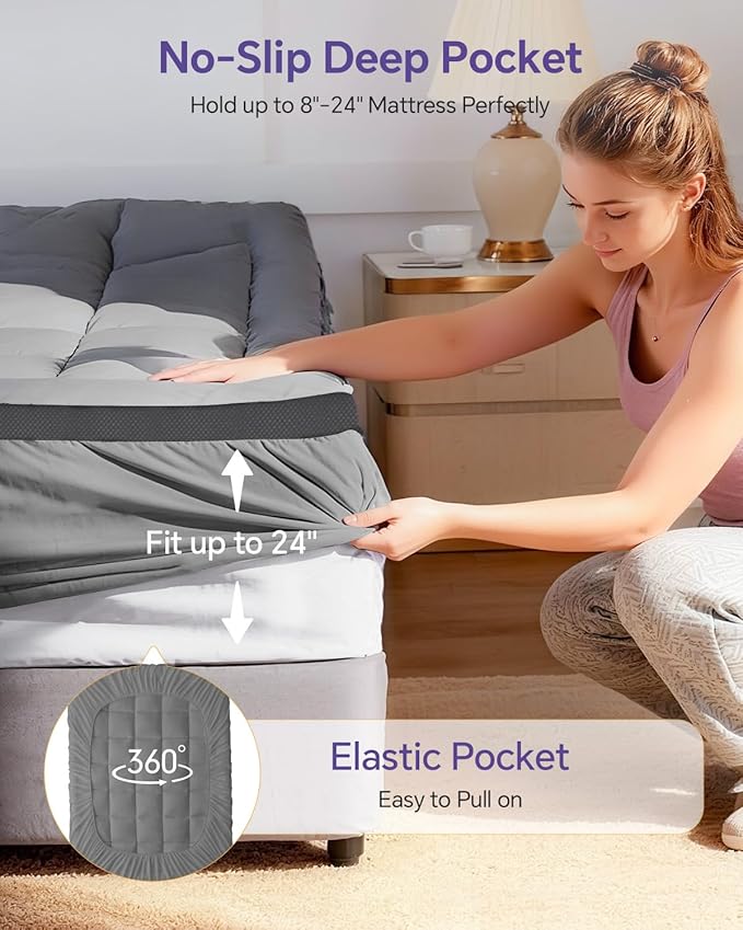 Dual Layer 4 Inch Memory Foam Mattress Topper King - 2 Inch Gel Memory Foam and 2 Inch Pillow Top Mattress Pad, 7-Zone Egg Crate King Size Mattress Topper (Grey)
