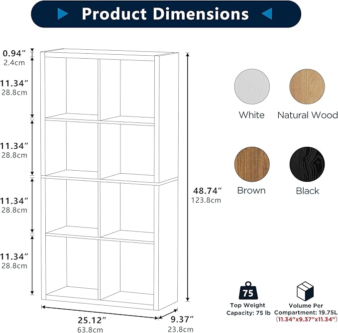 8 Cube Storage Organizer, Cube Shelf with Heavy-Duty Thick Boards, 25.12" L x 9.37" W x 48.74" H, Smooth Easy-Clean Panels, Simple Assembly, for Living Room Bedroom Office, Brown