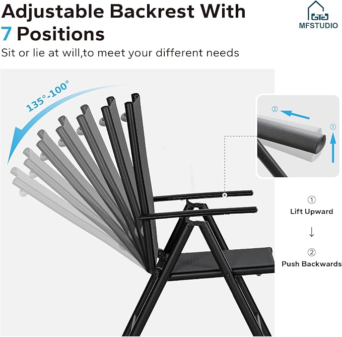 MFSTUDIO Patio Folding Chairs Set of 6, Outdoor Patio Dining Chairs, Portable Black Sling Patio Chairs, 7 Levels Adjustable Sling Back Chairs for Backyard Lawn Garden