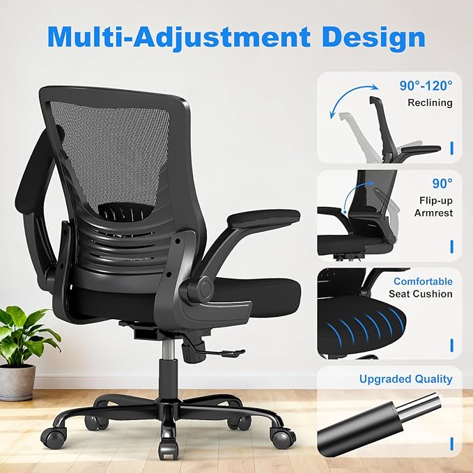 Office Chair Ergonomic Desk Chair with Comfy Mesh, Adjustable Height and Computer Use, for Home Office, Featuring Silent Wheel and Flip-Up Armrests, Comfortable for Long Hours