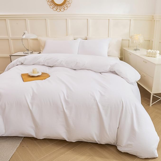 ECOCOTT White Duvet Cover King Size - 100% Washed Cotton Durable Soft Comfy Duvet Cover Set, Lightweight and Breathable with Zipper Closure & Corner Ties (White, 104''x90'')