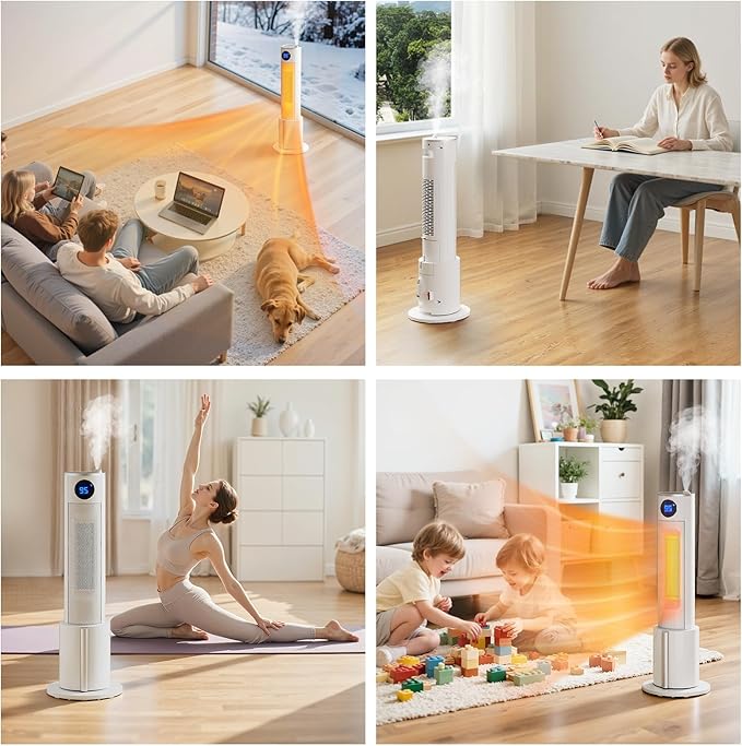 Space Heater with Humidifier - Portable Tower Heater for Indoor Use with 1L Water Tank, Space Heater Large Room, Office, Bedroom, Oscillation, 3 Heating Modes, 12H Timer, Tip-over Protection