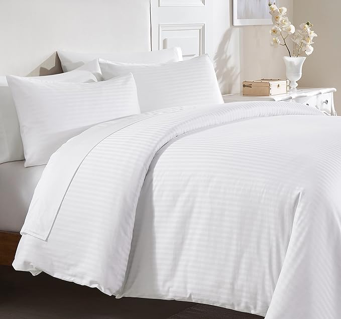 California Design Den Striped White Duvet Cover Queen/Full Only - Premium 400 Thread Count 100% Cotton Duvet Cover Queen, Sateen, Queen Comforter Cover, Button Closure and Corner Ties (Striped White)