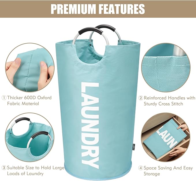 DOKEHOM 90L Large Laundry Basket, Collapsible Laundry Bag, Freestanding Tall Clothes Hamper, Foldable Washing Bin (Light Blue)